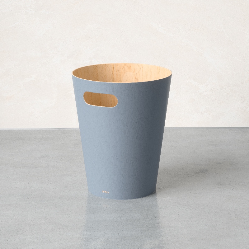wooden waste bin with natural interior and colored exterior